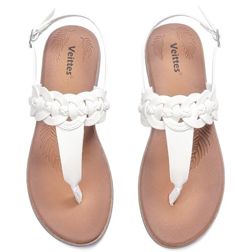 Image of Veittes Women's Casual Flat Slide Sandals - Comfortable Slip-On with Ankle Strap,Round Open Toe lightweight Summer Beach Thong Sandals.(WT/MF,Size 6)