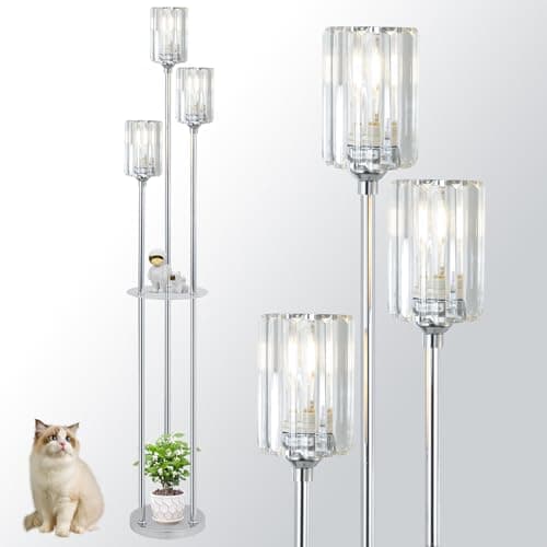 Image of Rayofly Modern Floor Lamps for Living Room, 3-Lights Crystal Floor Lamp with Shelves, Chrome Standing Lamp with Crystal Shades and Foot Switch, Standing Lamps for Bedroom, Corner Tall Lamp for Office