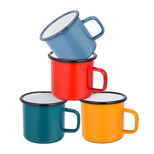 Image of HaWare Enamel Coffee Tea Mug Set of 4 Red/Yellow/Blue/Green Enamel Drinking Cups, Ideal for Home/Office/Travel/Camping, Resusable & Portable, 350 ml-12 Ounce
