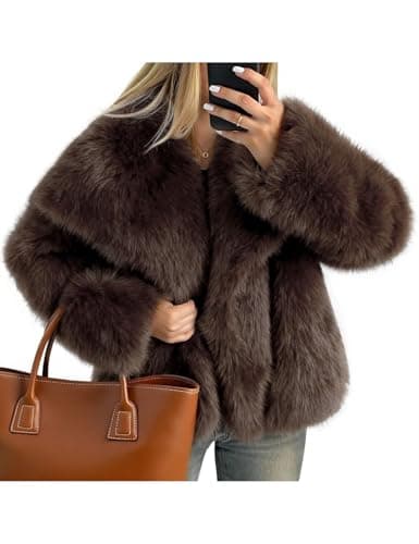 Image of Kissonic Women Faux Fur Coat Long Sleeve Lapel Open Front Shaggy Furry Jacket Warm Fluffy Short Outwear, Brown, Medium