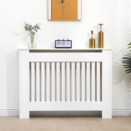 Image of Vivo Technologies Radiator Cover White Modern Horizontal Slats, Medium Radiator Cover Grill Shelf Cabinet MDF Wood Decorative Heater Cover,White, W 112 x H 82 x D 19 cm