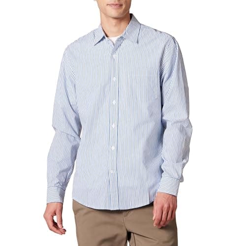 Image of Amazon Essentials Men's Slim-Fit Long-Sleeve Poplin Shirt, Blue White Vertical Stripes, M