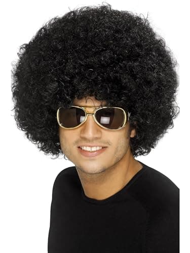 Image of Smiffys 70s Funky Afro Wig, Black 120g, 1970's Disco Fancy Dress, 1970s Dress Up Wigs