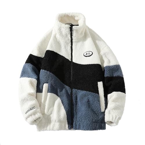 Image of FEegar Mens Sherpa Jacket Color Patchwork Outwear Teddyfleece Sweater Full-Zip Jackets Long Sleeve Warm Fuzzy Coats(White,M)