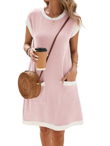 Image of Famulily 2025 Summer Dresses for Women UK Casual Crewneck Cap Sleeve T-Shirt Dress Ladies Ribbed Beach Sundress Pink M