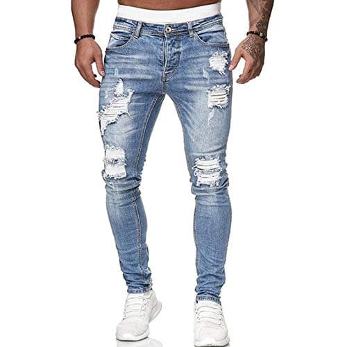 Image of Men's Stretch Skinny Ripped Jeans, Super Comfy Distressed Denim Pants with Destroyed Holes(Light Blue, L)