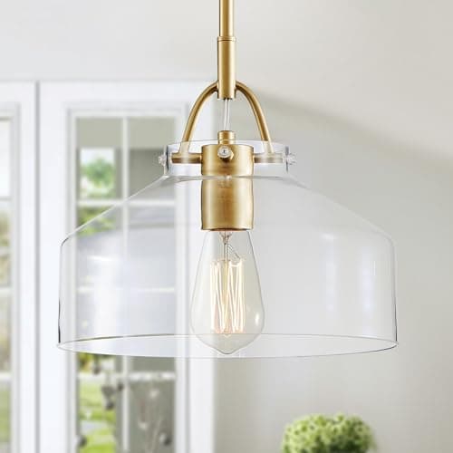 Image of WUZUPS Chandelier Rustic Farmhouse Industrial Round Ceiling Pendant LED Light Fixture with Clear Glass Shades for Dining Room Kitchen Island Foyer Entryway, H24 W27, E27 Base, Gold