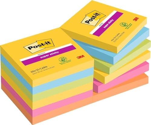 Image of Post-it Super Sticky Notes, 1080 Sheets, Value Pack of 12 Pads, 76 mm x 76 mm - Holds Strong to Many Surfaces - Bright Colours - for Walls, Monitors and Fridge, Recycable