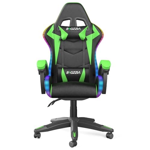 Image of bigzzia RGB Gaming Chair with LED Lights and Ergonomic Computer Chair Reclining PU Leather High Back Video Game Chair (Green, With RGB Lights)