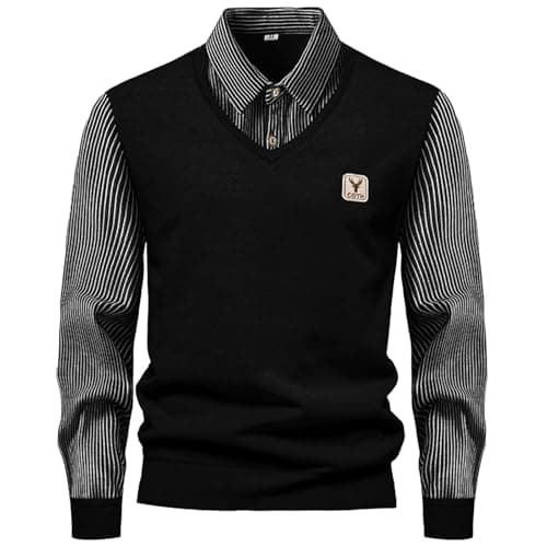 Image of Caxndycing Men's Sweater with Shirt Collar 2 in 1 Winter Warm Knitted Jumper with V-Neck Casual Mock Shirt Fine-Knit Pullover Winter Jumper Knit Polo Sweater, black, L