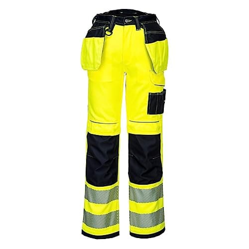 Image of Portwest PW3 T501 Mens Hi Vis Work Trousers Holster Pocket Polycotton Reflective Triple Stitched Kneepad Pocket Cargo Workwear Construction Builders Tradesman Heavy Duty, Regular, Yellow/Black, 28