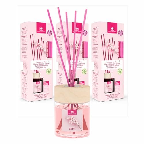 Image of Cristalinas 35ml Cherry Blossom Air Fresheners for Home - Reed Diffusers for home - Home Fragrance Lasts upto 8 weeks - Room Diffuser Sticks with Coloured Fragrance Oil - Pack of 3