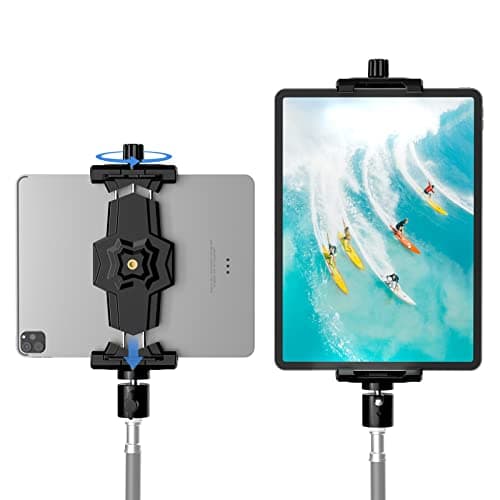 Image of iPad and Phone Tripod Mount Adapter with Ball Head, iPad Holder for Tripod, 360 Rotatable Tablet Clamp Mount fits iPad Pro 12.9, iPad Air Mini 3 4, Galaxy Tab, Surface Pro 8, Selfie Stick(5.3-10.6’’)