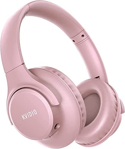 Image of KVIDIO Bluetooth Headphones Over Ear, 65 Hours Playtime Wireless Headphones with Microphone, Foldable Lightweight Headset with Deep Bass,HiFi Stereo Sound for Travel Work PC Cellphone (Pink)