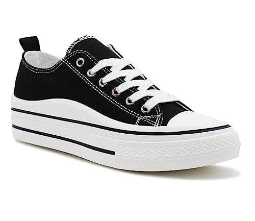 Image of Womens Lace Up Platform Sole Canvas Baseball Sneakers Ladies Chunky Retro Flat Low Top Fashion Trainers Pumps (Black, UK Footwear Size System, Adult, Women, Numeric, Medium, 4)