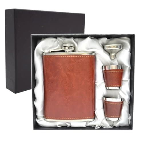 Image of Hip Flask Set with Funnel and Shot Glasses, 8 oz Alcohol Flask Stainless Steel + PU Leather Whiskey Flask, Leak Proof Pocket Hip Flask for Liquor for Men, Brown