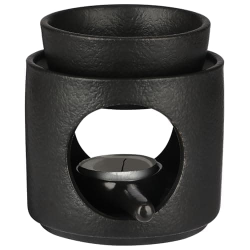 Image of BSTKEY Ceramic Wax Melt Burner Essential Oil Burner, Decorative Cylinder Tealight Candle Burner Home Aroma Diffuser with Little Candle Spoon for Home Spa (Black)