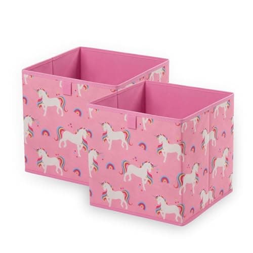 Image of OHS Pack of 2 Foldable Fabric Storage Boxes For Kids, Space Saving Storage Baskets Home Organiser Toys Clothing Bathroom Pop Up Collapsible Unicorn Print Girls Cube Storage, Pink