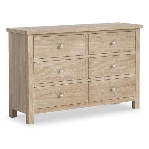 Image of Farro Oak Large Chest of Drawers for Bedroom 6 Drawers | Roseland Furniture Fully Assembled Contemporary Washed Oak Solid Wood Wide Storage Chest with Oak Top | 78 x 120cm