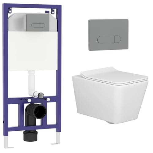 Image of Contemporary Wall Hung Rimless Toilet with Slim Soft Close Seat & Gun Metal Plate Wall Hung Frame