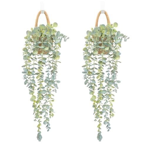 Image of HOFMEFY Fake Hanging Plant Decor Indoor, 2PCS Eucalyptus Artificial Faux Plants in Wall Woven Jute Planters with Black Pot, Soft Green, 23 Inch Long