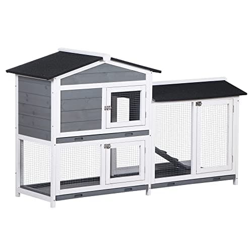 Image of PawHut Rabbit Hutch Guinea Pig Hutch Wooden House with Run, 2 Tier Pet Cage Outdoor with No-leak Plastic Trays, 157.4 x 53 x 93.5cm, Grey