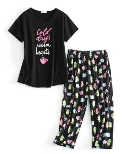 Image of CHUNG Women Pyjama Set Short Sleeve Top Capri Pants Cotton Blend Loungewear Pjs Floral Animal Print S-3XL Black Glass, 3XL