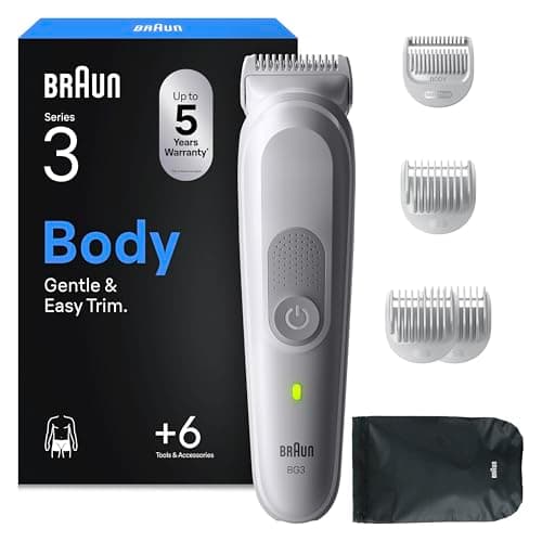 Image of Braun Series 3 Body Groomer for Men, Pubic & Body Hair Trimmer, Waterproof Electric Ball Trimmer & Male Shaver for Sensitive Areas, SkinGuard Grooming Kit with 6 Tools, 80 Min Runtime, BG3575 Grey