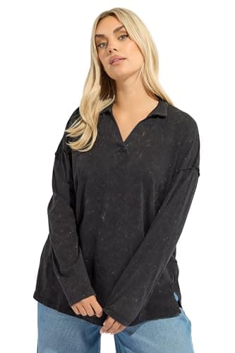 Image of Yours Curve Grey Acid Wash Rugby Collar Top - Women's - Plus Size Curve