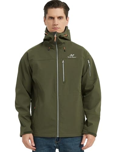 Image of NORDIC OUTLAND Men's Waterproof Softshell Rain Jacket, Hooded Windbreaker 7 Pockets, Lightweight Shell for Outdoor Activities (UK, Alpha, L, Regular, Regular, Army Green)