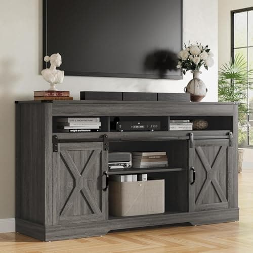 Image of SUNVIVI TV Stand Cabinet for TVs up to 65 Inch, Farmhouse Entertainment Center with Sliding Barn Doors, 147cm Media Console Table with Large Storage & Adjustable Shelves for Living Room (Dark Grey)