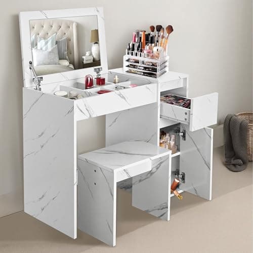 Image of Vanity Desk with Mirror and Drawers, Makeup Dressing Table Vanity Table Writing Desk Cosmetic Bedroom Dresser Makeup Table for Bedroom Furniture, White Marble, 81L x 40 W x 69 H cm