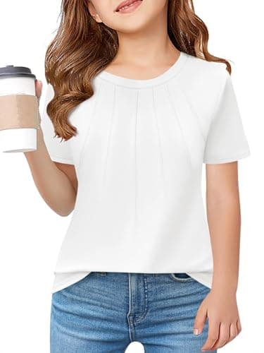 Image of Haloumoning Girls Pleated T Shirts Kids Summer Short Sleeve Crew Neck Shirt Fashion Casual Tops Tees 5-14 Years, White, 9-10 Years