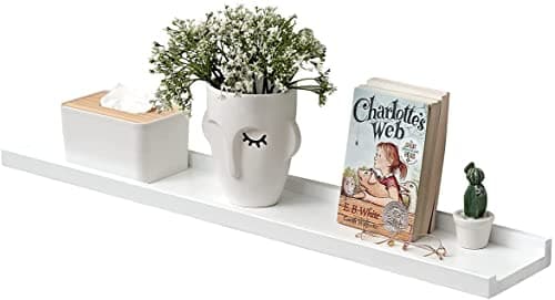 Image of Gieanoo Floating Shelf White, 60cm Oak Wood Picture Ledge Wall mounted Display Rack Spice Rack Decorative Wall Shelf Radiator Shelf Easy to Install for Bedroom, Kitchen, Living Room, Hallway