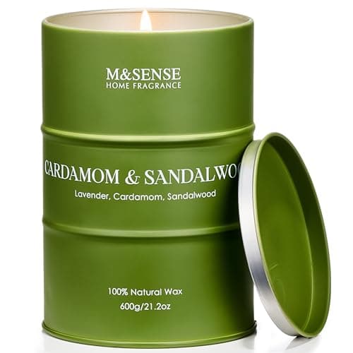 Image of M&SENSE Wood Cardamom Scented Candle, Large 600g Organic Soy Wax, Up to 120 Hours Burn Time, Non Toxic Warm Home Fragrance Candle, Luxury Gift for Men and Women, Cozy Decor and Relaxation