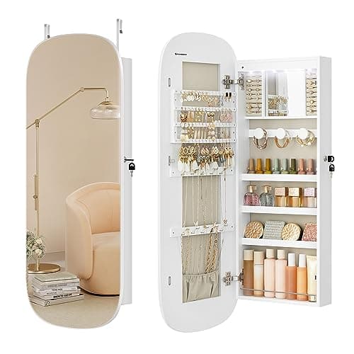 Image of SONGMICS LED Mirror With Storage, Jewellery Cabinet Wall/Door Mounted, Lockable Rounded Wide Cabinet, Interior Mirror, 10 x 42 x 108 cm, White Surface With Greige Lining JJC026W01