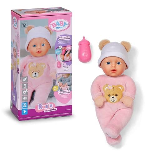 Image of BABY born Interactive Rosie 30cm, soft baby doll with 6 sounds & bottles, Pink