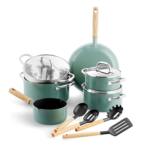 Image of GreenPan Mayflower Healthy Ceramic Non-Stick 13-Piece Cookware Pots and Pans Set, Including Frying Pans, Saucepan, Stockpots, Lids, Strainer, Vintage Wood Handle, PFAS-Free, Induction, Smoky Blue