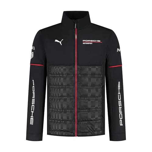 Image of PUMA Porsche Motorsport Men's Team Hybrid Jacket with woven upper- and padded lower section for ultimate comfort - Black - Size: M