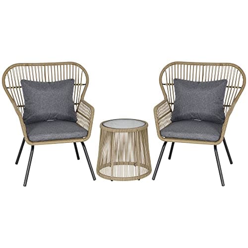 Image of Outsunny 3 Pieces Rattan Bistro Set, Wicker Garden Furniture Set with Cushions, Glass Top Coffee Table and Chairs for Outdoor, Patio, Balcony, Brown