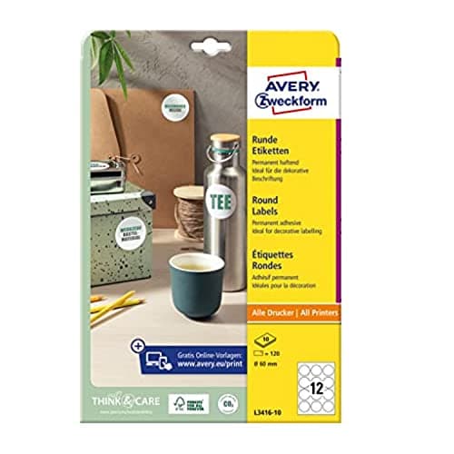 Image of AVERY Zweckform L3416-10 Round Labels (120 Adhesive Dots, Diameter 60 mm on A4, Round Stickers for Printing, Self-Adhesive Product Labels, Permanent Adhesive Jam Labels), 10 Sheets, White