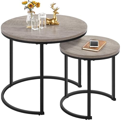 Image of Yaheetech Round Nesting Coffee Table Set of 2, Stacking End Side Table with Metal Frame, Sofa Tea Table for Small Space/Living Room/Bedroom, Grey, 60 x 60 x 50.5cm