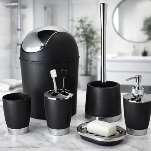 Image of Bathlux Modern Design 6 Piece Bathroom Accessory Set, Toilet Brush, Waste Bin, Soap Dish, Tooth Brush Holder Soap Dispenser, Rinse Cup (Black)