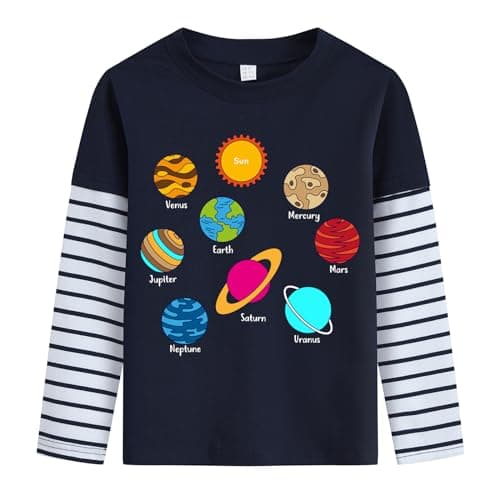 Image of Toddler Boys Long Sleeve T-Shirt Kids Planet Tops Cotton Solar System Tee Shirts Outfits for Age 3-4 Years