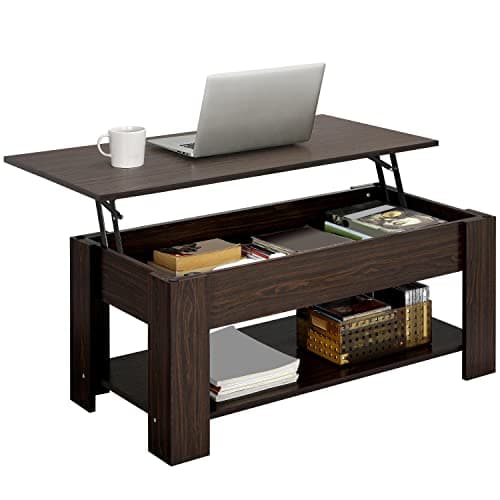 Image of Yaheetech Lift Up Coffee Table, Wooden Lifting Coffee Table with Hidden Storage Drawer and Open Shelf, Space-saving Tea Tables for Living Room/Reception, Espresso