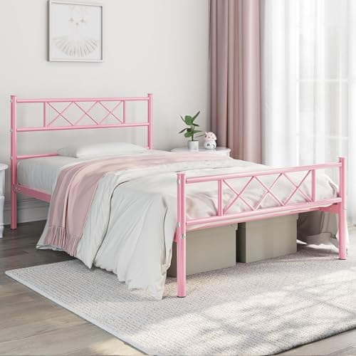 Image of Yaheetech 3ft Single Bed Metal Bed Frame Mattress Foundation with Cross-design Headboard & Footboard, Slatted Bed Base for Teenagers/Adults, Pink
