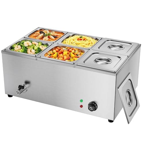 Image of TAIMIKO Commercial Bain Marie - 1500W Stainless Steel Electric Food Warmer, 30-85°C Temperature Range, 6 Pans (GN 1/6 Containers - 150mm) with Lids & Drain Tap