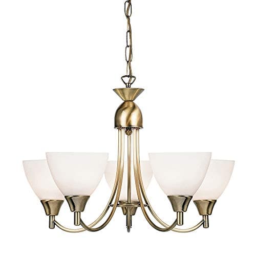 Image of National Lighting Andy Decorative 5 Way Antique Brass Branch Arm Pendant Ceiling Light with Matt Opal Glass Shades