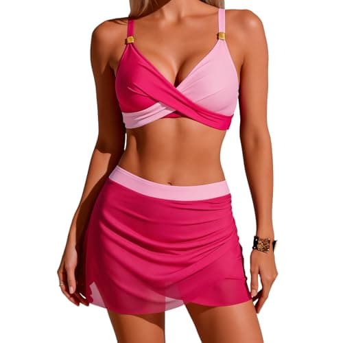 Image of Womens Bikinis Set, Two Piece High Waist Bikinis Sets Adjustable Straps Soft Ruched Sexy Swimsuit for Ladies Swimming Pool Party (UK, Alpha, M, Regular, Regular, Pink)