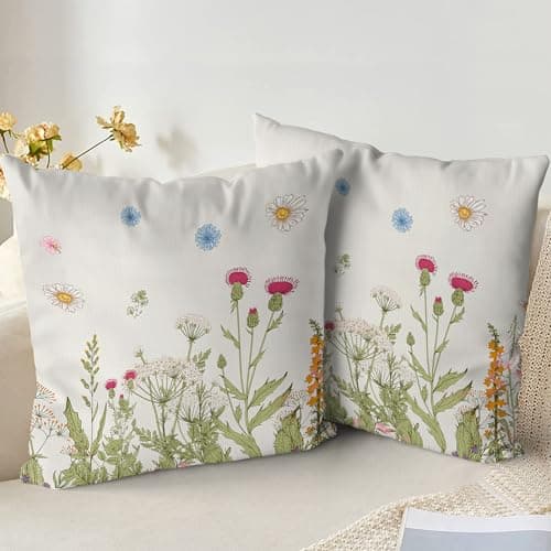 Image of XPHZZL Cushion Covers Set of 2 Pack 40 x 40 cm - Soft Colored Wildflowers Pattern Decorative Pillow Covers for Sofa Bed Garden Outdoor Spring Decor with Invisible Zipper 16 x 16 Inch